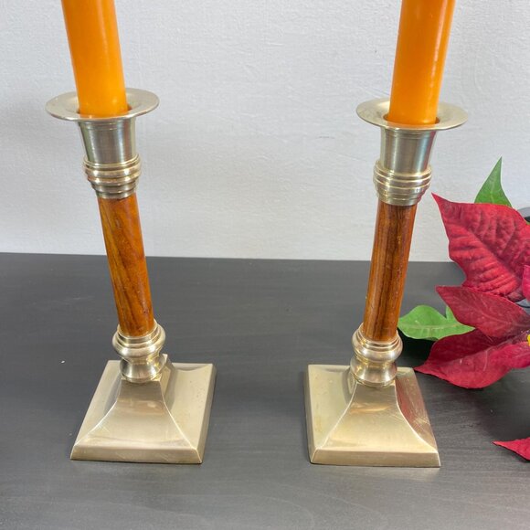 Set of 2 Candlestick Holders, Brass and Wood, Taper Candle Holder with Candles, - Picture 6 of 10